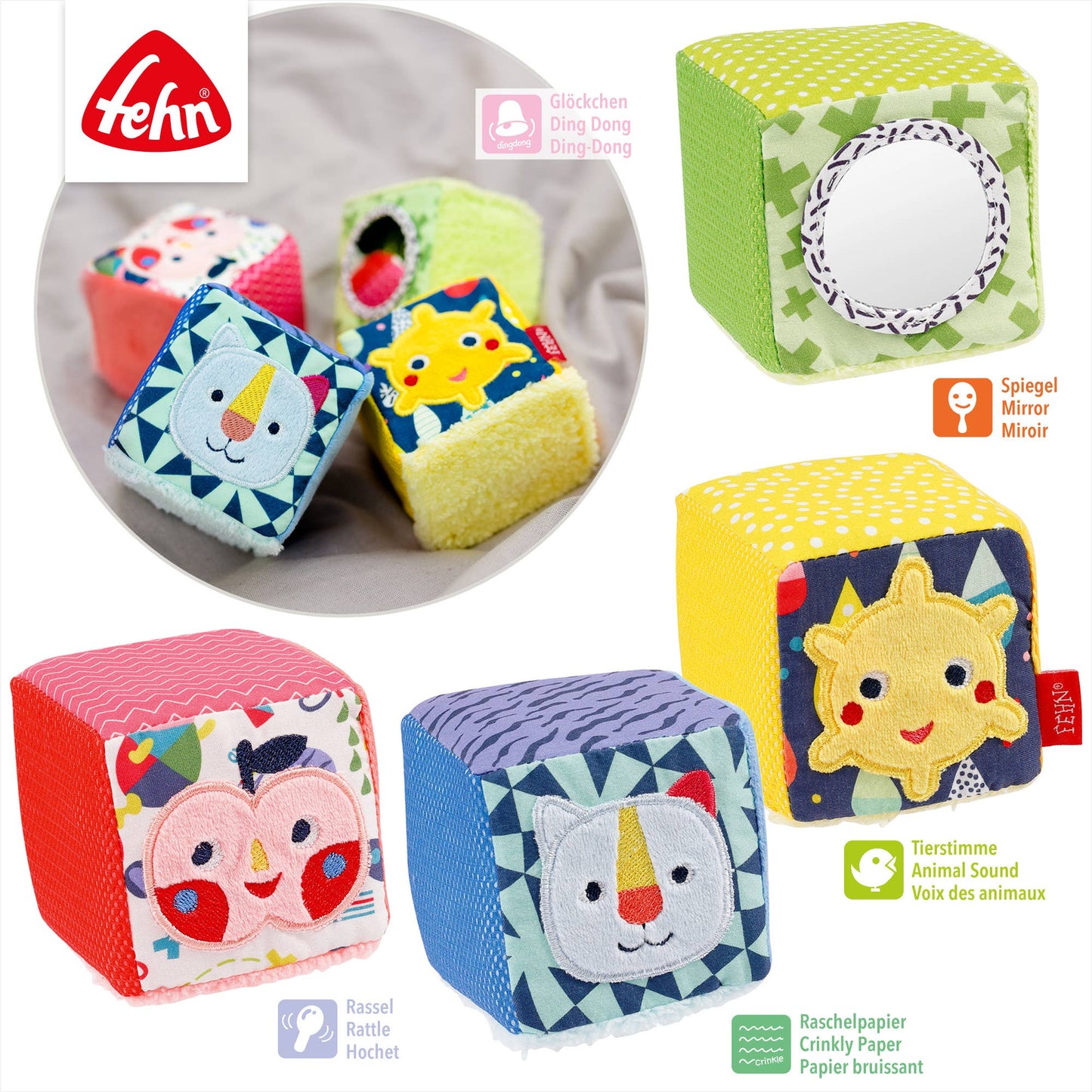 Fehn Educatieve Stoffen Blokkenset – Color Friends (Set van 4)
