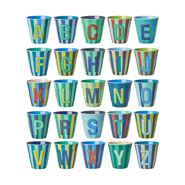 RICE Melamine Beker – Alfabet – Strepen blauw/groen